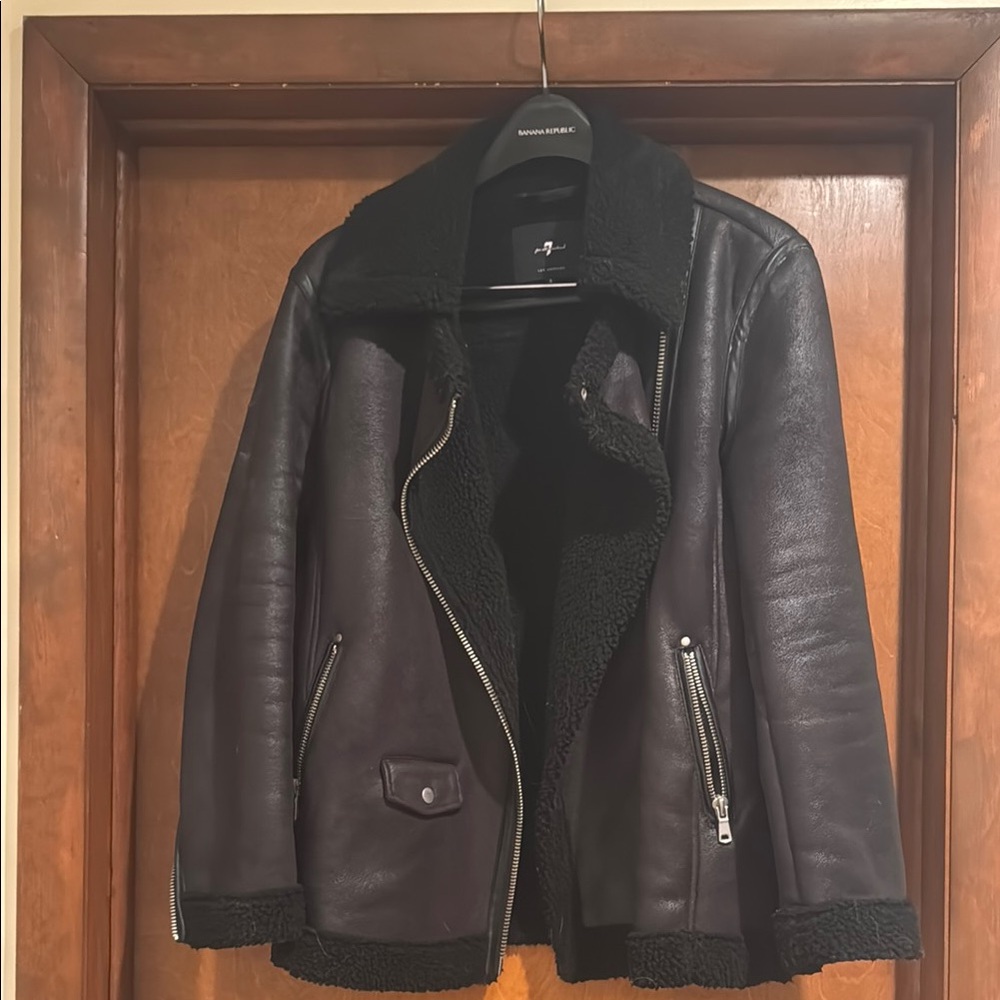 7 For All Mankind Black Bomber Jacket with Wide Lapel